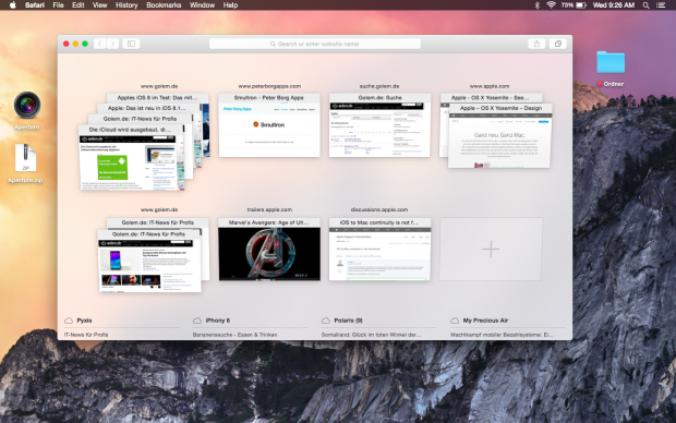 Die neue Tab-&Uuml;bersicht ist insbesondere auf alten Rechnern sehr viel schneller als beim alten Safari-Browser f&uuml;r Mavericks. (Screenshot: Golem.de)